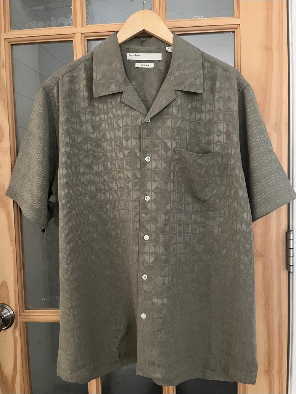 Vintage 100% Silk Moss Green Geo Pattern Button Down Shirt - Size L